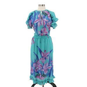 Vintage 70s Lizzy & Johnny Blue Floral Chiffon Elastic Waist Caftan Dress Size M